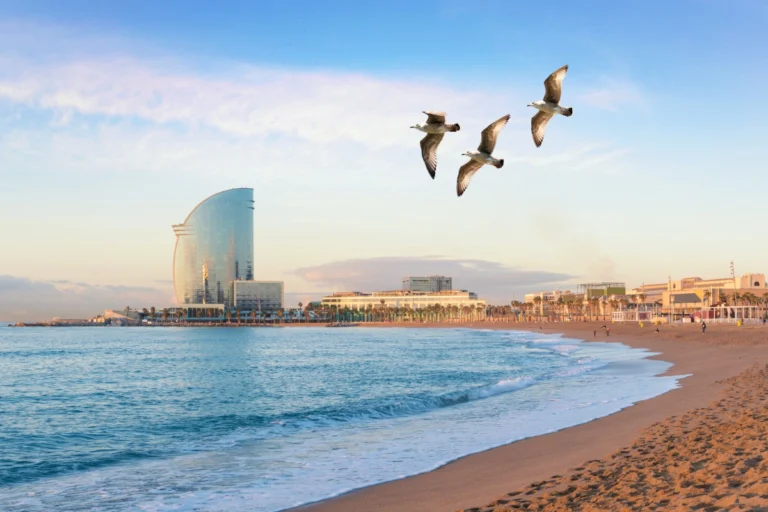 Imagen de la costa de Bacelona con el hotel W Barcelona de fondo.