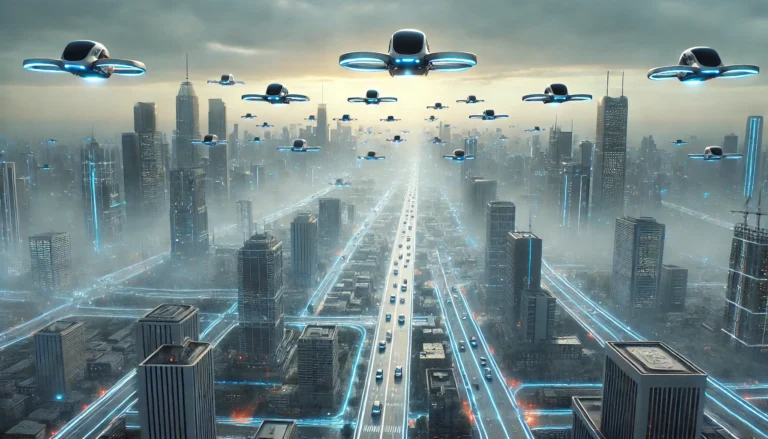 ciudad futura con taxis voladores