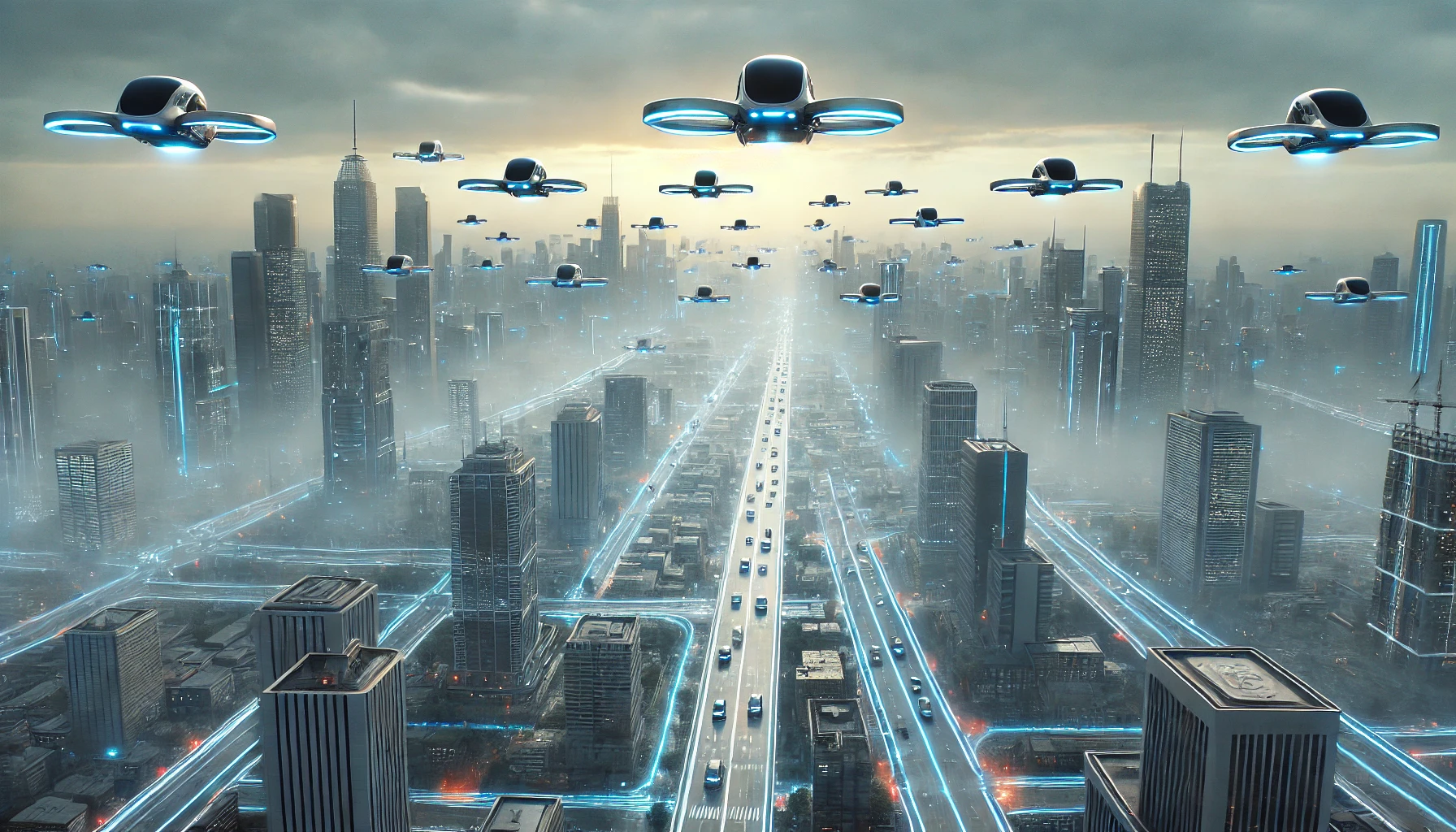 ciudad futura con taxis voladores